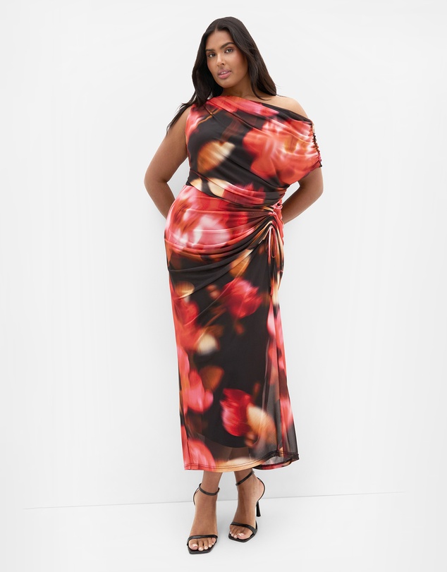 City Chic - Plus size Vivid Mesh Blur Print Maxi Dress - deep scarlet