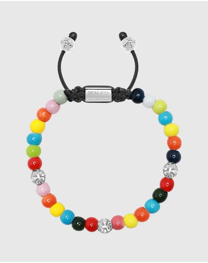 Nialaya Jewellery - Men's Beaded Bracelet with Multicolored Glass and Silver