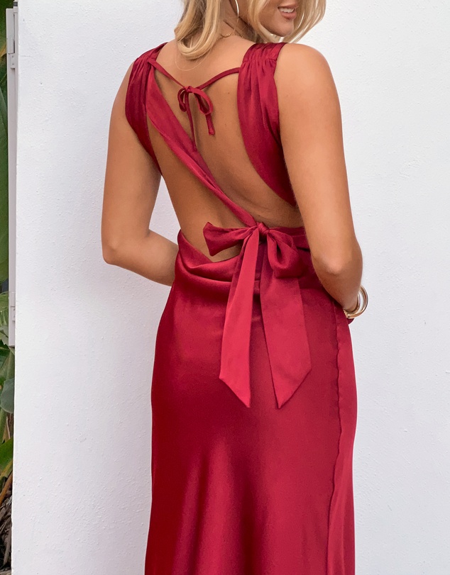 Beginning Boutique - Laria Wine Satin Formal Maxi Dress