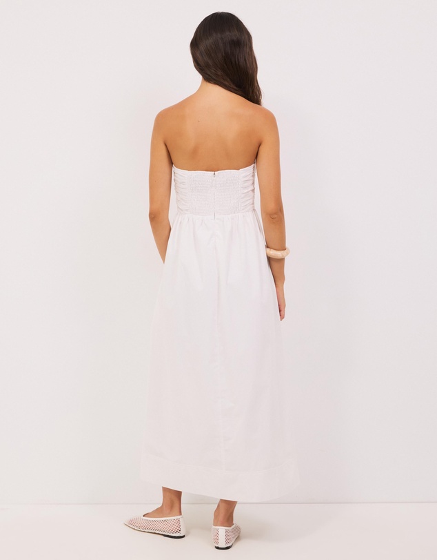 Calli - Strapless Gathered Midi Dress