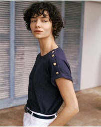 Trenery - Linen Cotton Button Detail T-shirt in Night Sky