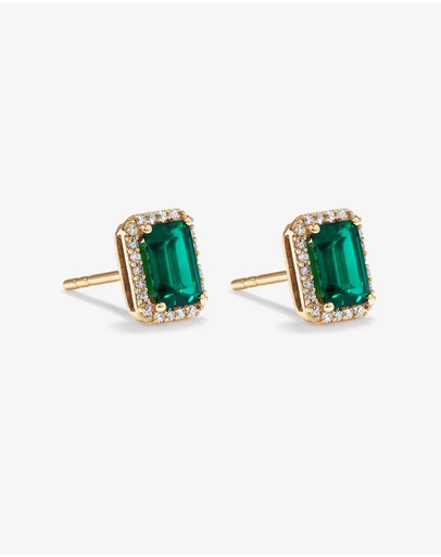 Michael Hill - Emerald Cut Green Created Emerald Gemstone and Diamond Halo Earrings in 10kt Yellow Gold