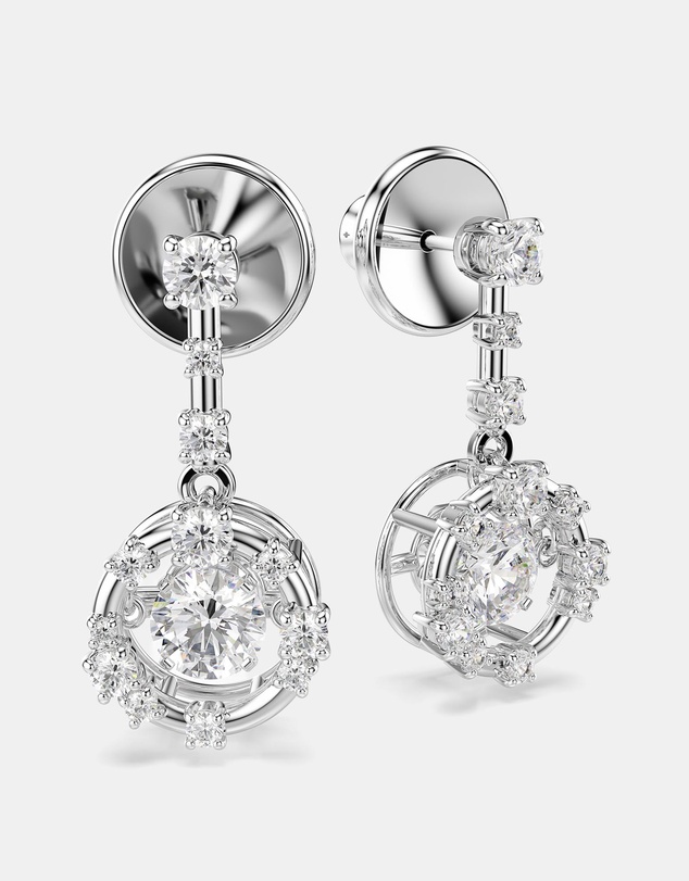 Swarovski - Constella Drop Earrings, Round Cut, Dancing Stone, White, Rhodium Plated