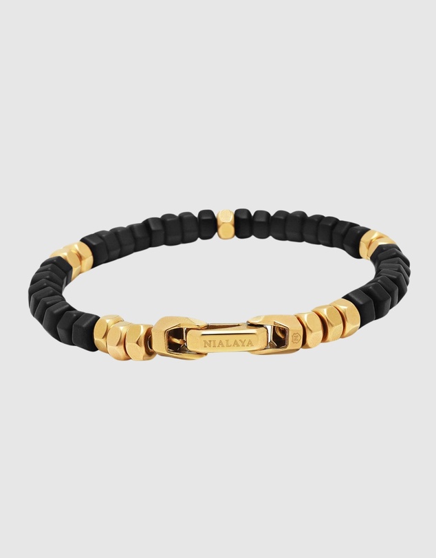 Nialaya Jewellery - Men's Hexagon Beaded Bracelet with Black Onyx and Gold