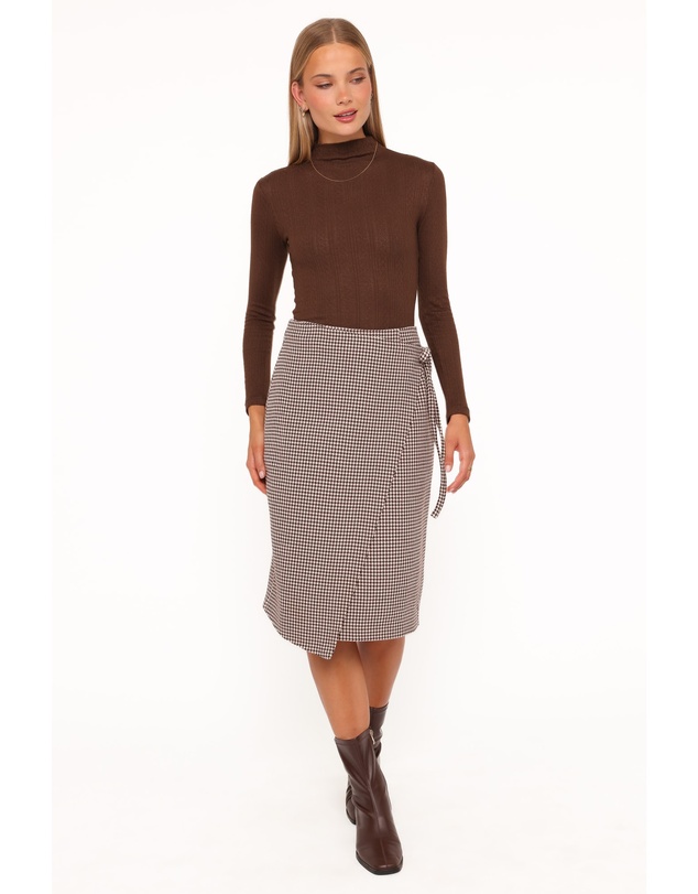 Petal & Pup - Ariela Wrap Front Midi Skirt - Brown Houndstooth