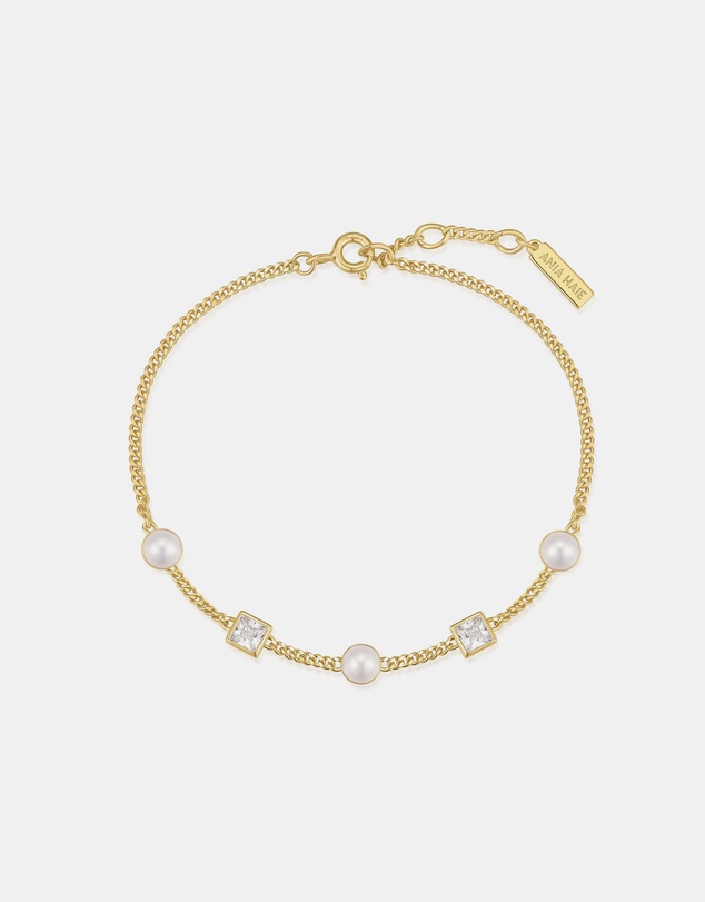 Ania Haie - Gold Bezel-Set Cube and Pearl Station Bracelet
