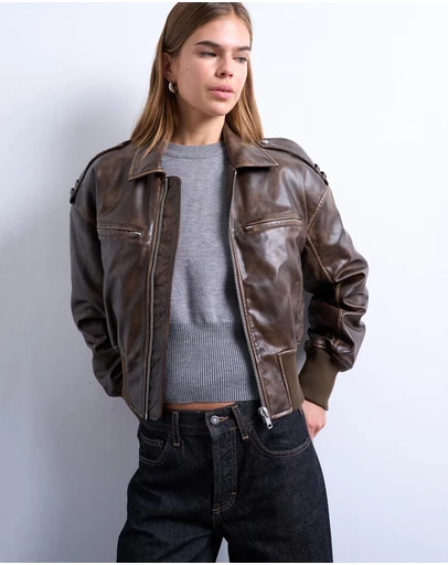 TOPSHOP - Faux Leather Ovoid Sleeve Bomber Jacket