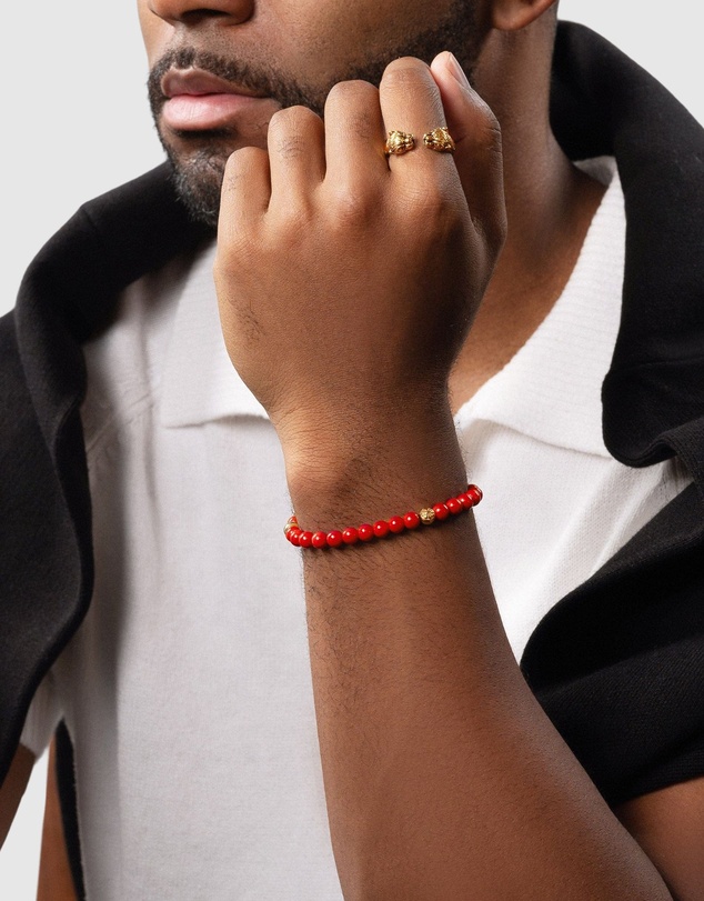 Nialaya Jewellery - 6mm Red Jade Bracelet with Gold Balls