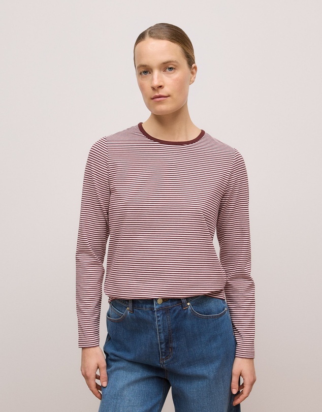 Trenery - Brushed Cotton Stripe Long Sleeve T-shirt in Espresso