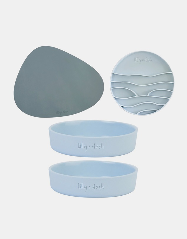 Lilly + Dash - Cat Eat and Drink Set – 2 Bowls + Lick Insert + Blue Placemat
