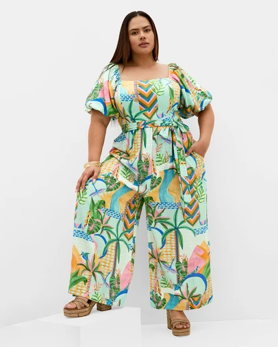 City Chic - Plus size Positano Print Jumpsuit - mint