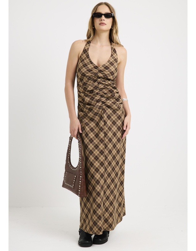 Insight - Kiera Ruched Check Halter Maxi Dress
