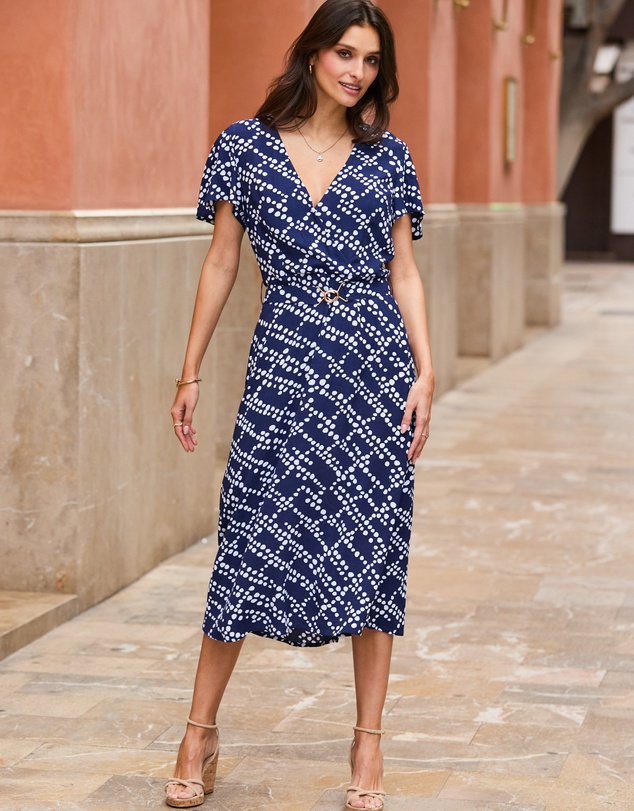 Sosandar - Spot Print Flutter Sleeve Belted Fit & Flare Dress