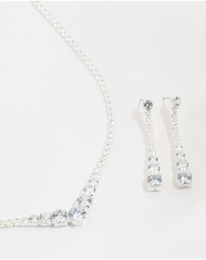 Lovisa - Silver Cubic Zirconia Pointed Earrings & Necklace Set
