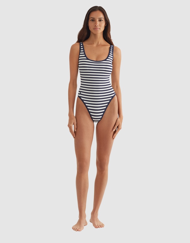 Polo Ralph Lauren - Pique Stripe High Leg Low Back One Piece Swimsuit