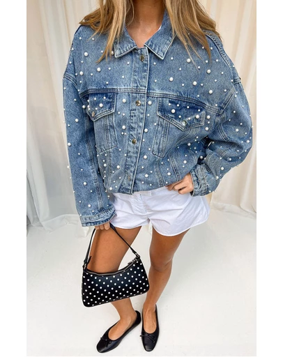 Beginning Boutique - Denim Dazzle Pearl Mid Wash Denim Jacket