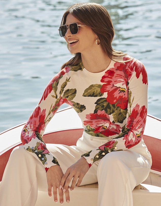 Sosandar - Cream & Pink Floral Print Jumper With Gold Buttons