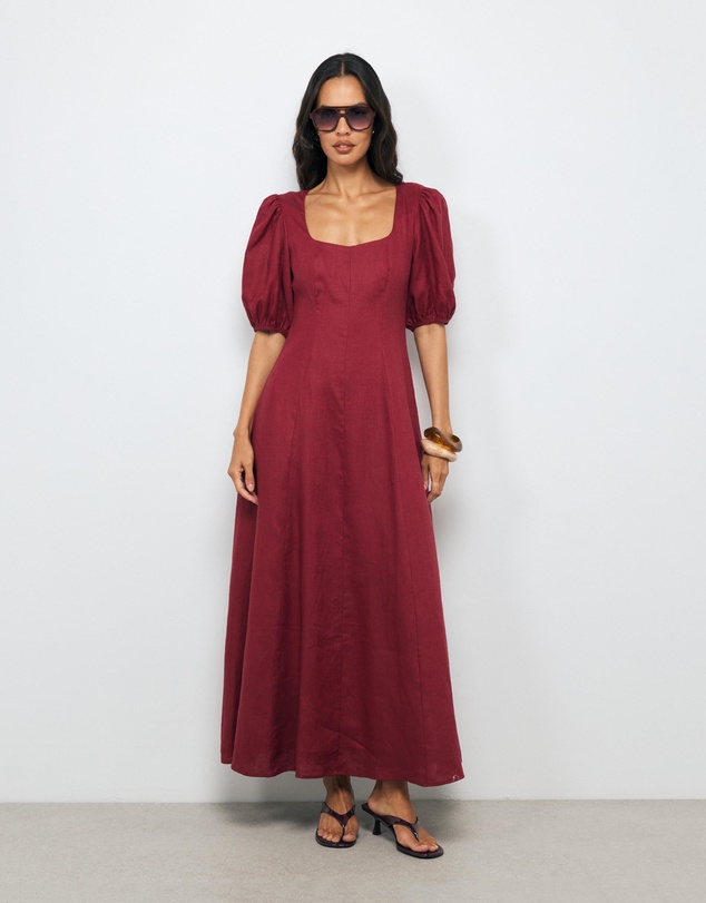 AERE - Portia Linen Puff Sleeve Midi Dress