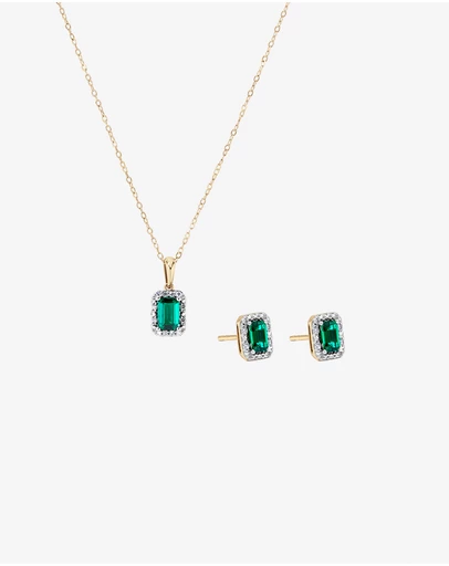 Michael Hill - Created Emerald & 0.10TW Laboratory-Grown Diamond Pendant and Earring Gift Set in 10 Karat Yellow Gold and Rhodium