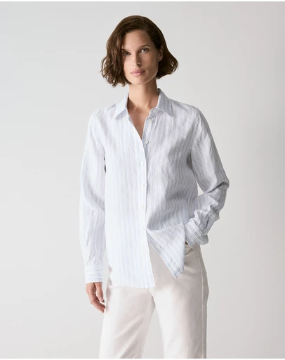 Trenery - Yarn Dyed Linen Twin Stripe Shirt in Mid Blue