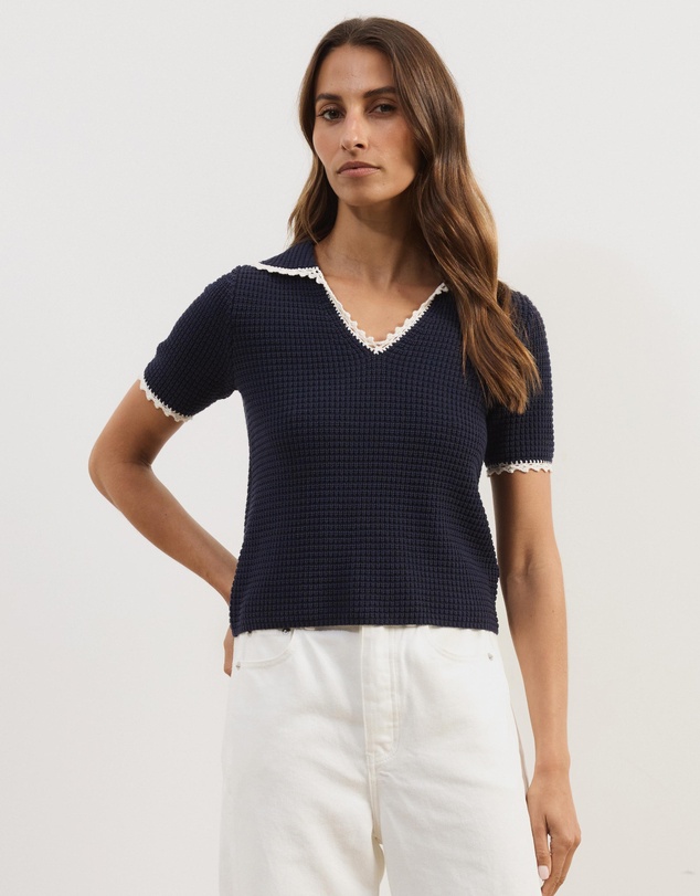 Atmos&Here - Issa Short Sleeve V-Neck Knit Polo with Contrast Trim