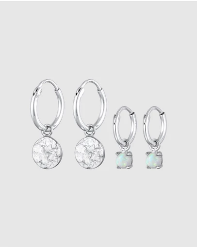Elli Jewelry - Earrings Creoles Platelet Set Of 2 With Opal in 925 Sterling Silver
