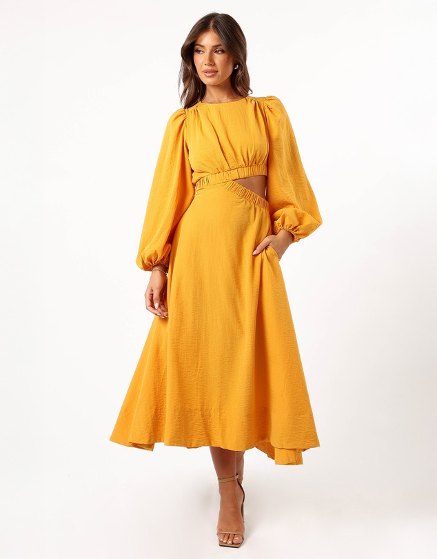 Petal & Pup - Ginnee Puff Sleeve Cutout Midi Dress - Mustard