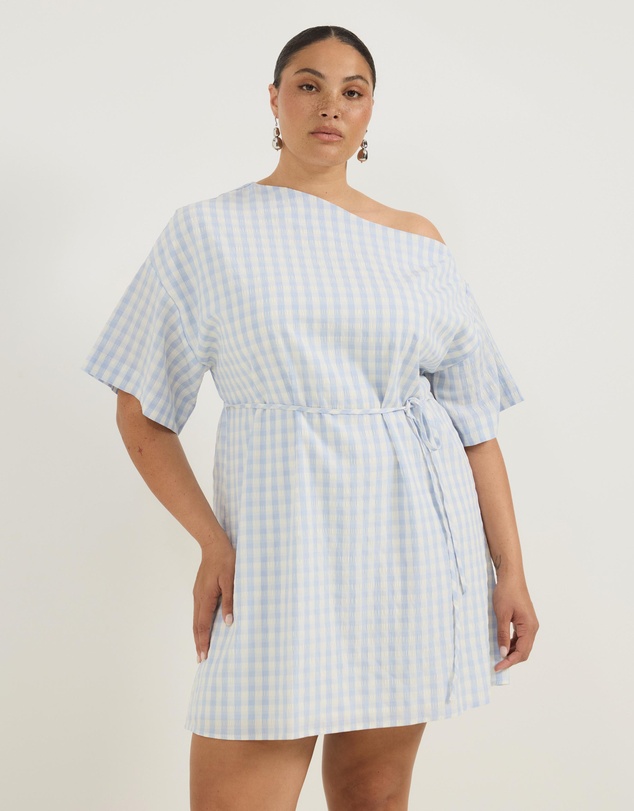 Atmos&Here Curvy - Olive Off Shoulder Gingham Mini Dress With Tie Waist