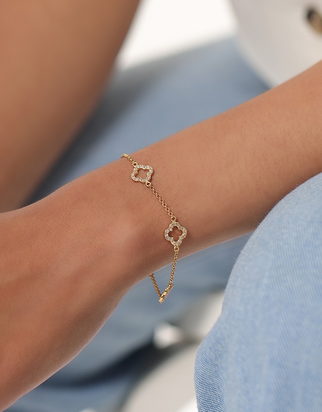 Elli Jewelry - Bracelet Clover Leaf with White Zirconia 925 Sterling Silver Gold-plated