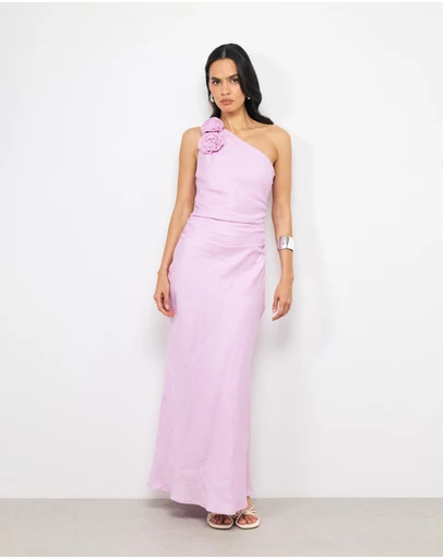 AERE - Eloe Linen Flower One Shoulder Midi Dress