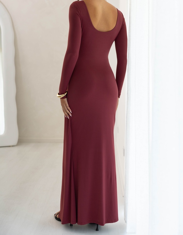 Beginning Boutique - Misaki Burgundy Long Sleeve Wrap Maxi Dress