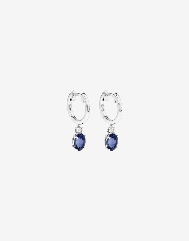 Michael Hill - Oval Cut Blue Created Ceylon Sapphire Gemstone and Diamond Drop Huggie Earrings in Sterling Silver