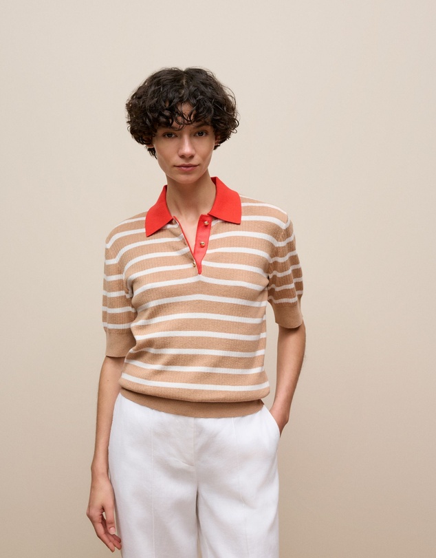 Trenery - Cotton Cashmere Stripe Rib Knit Polo in Light Camel