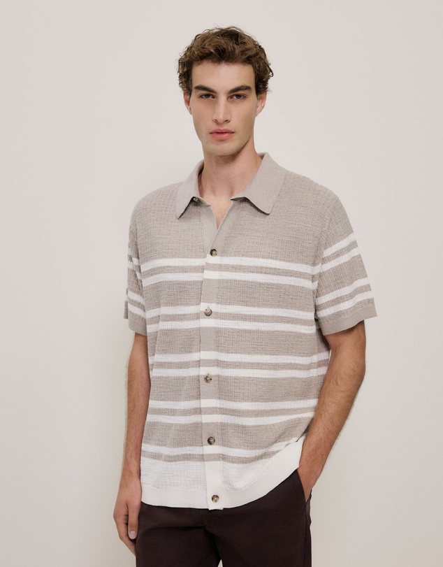 Trenery - Cotton Linen Stripe Knit Shirt in Stone