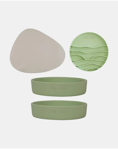 Lilly + Dash - Cat Eat and Drink Set – 2 Bowls + Lick Insert + Slate Placemat