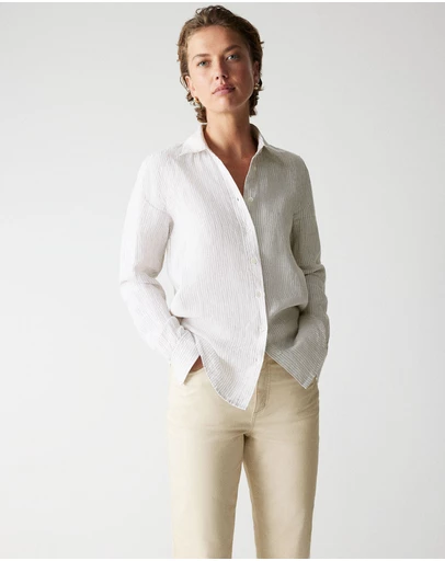 Trenery - Yarn Dyed Linen Stripe Classic Shirt in Flax