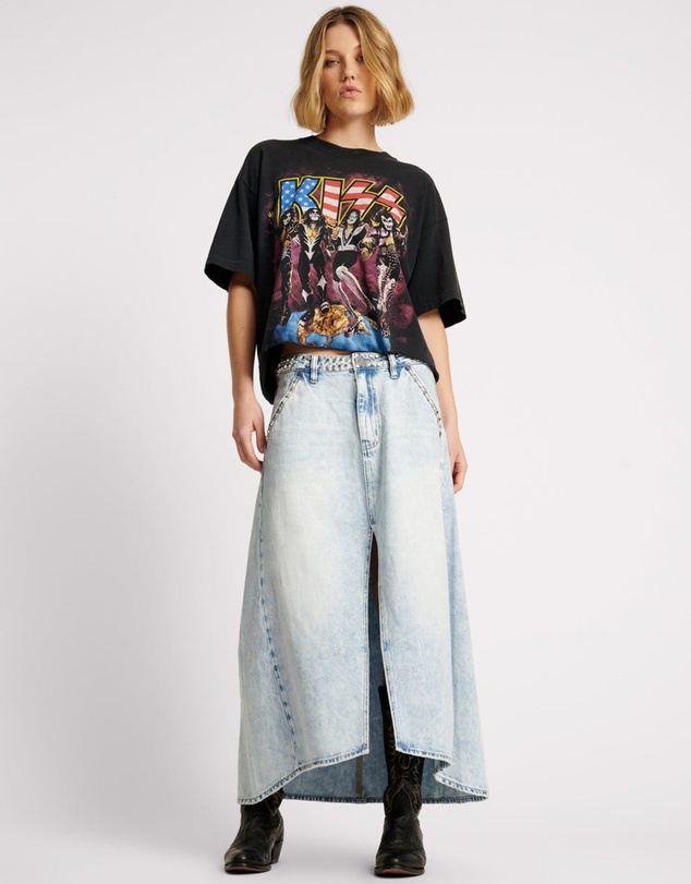 ONE TEASPOON - Depeche Blue Studded Mrs Carter Long Denim Skirt