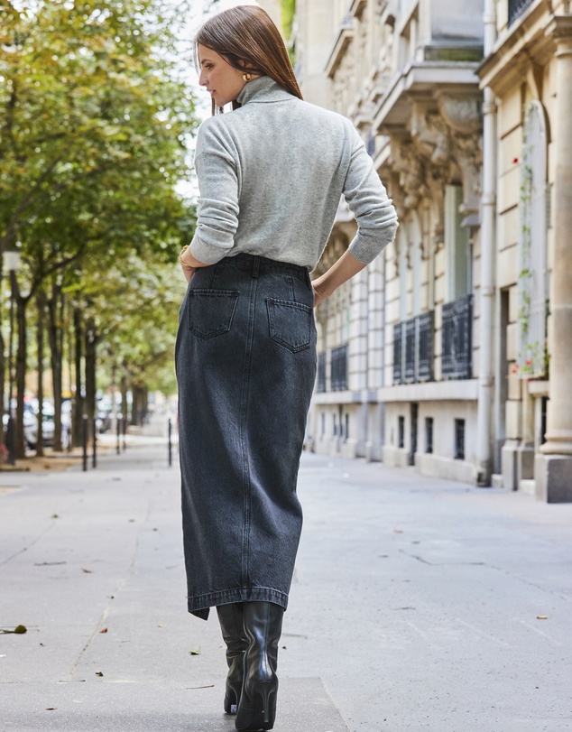 Sosandar - Charcoal Grey Longline Denim Midi Skirt