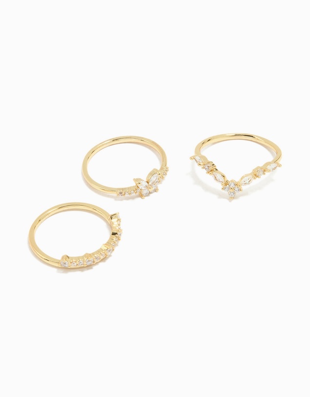 Lovisa - Gold Plated Cubic Zirconia Butterfly & Pointed Rings 3-Pack