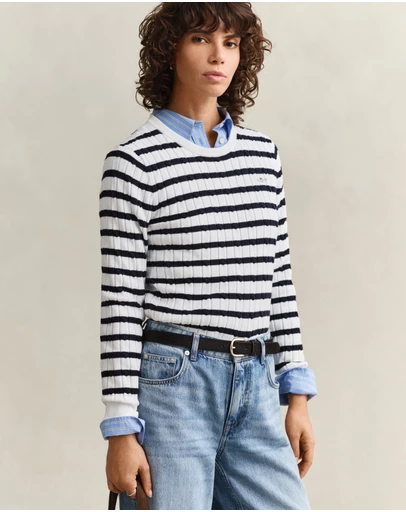 Gant - Stretch Cotton Cable Stripe Crew Neck Sweater