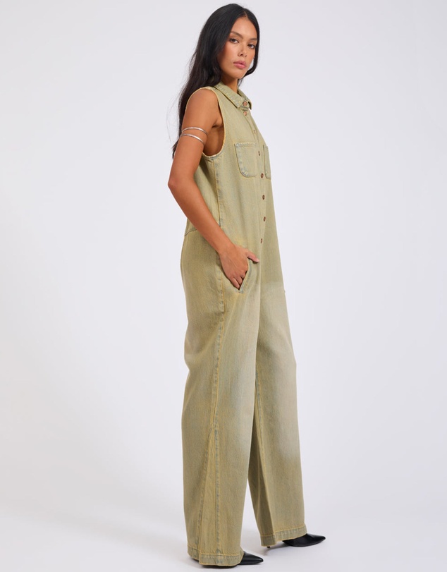 ONE TEASPOON - Braxton Wide Leg Long Length Denim Jumpsuit - Warm Khaki