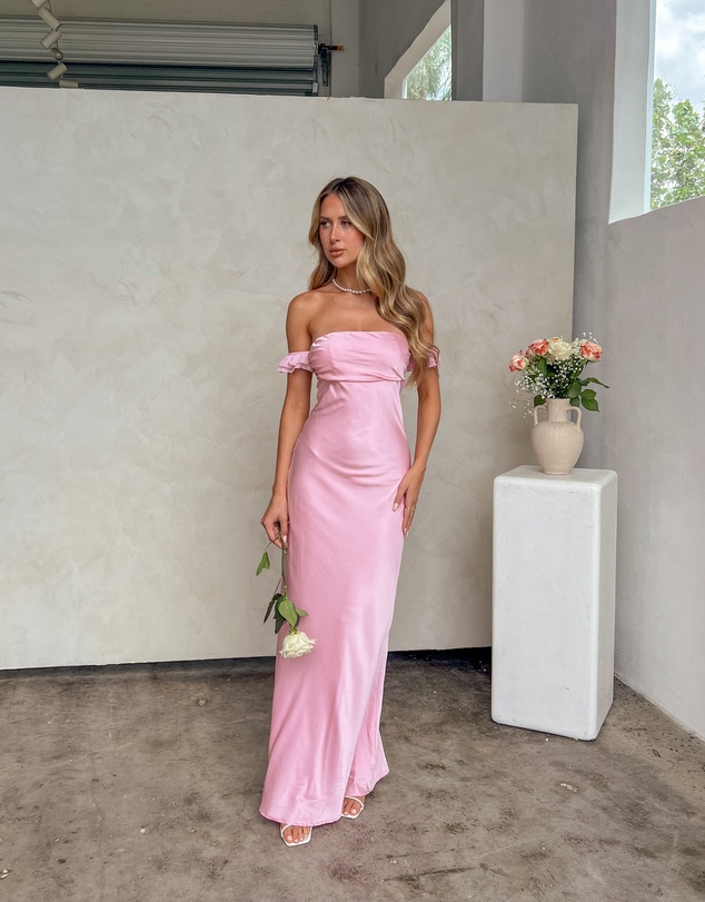 Beginning Boutique - Elvira Pink Satin Formal Maxi Dress