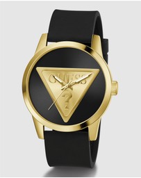 GUESS - Guess Triangle Men's 44mm Black Dial Gold-Tone Case and Black Leather Strap