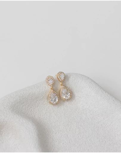 The White Collection - Sophie - Classic Double Teardrop Gold Bridal Earrings