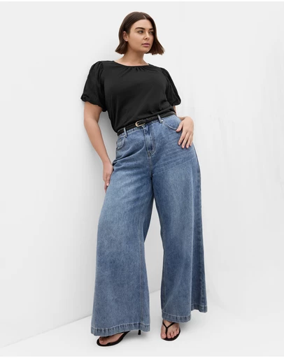 City Chic - Plus size Leona Puff Sleeve Cotton Top - black