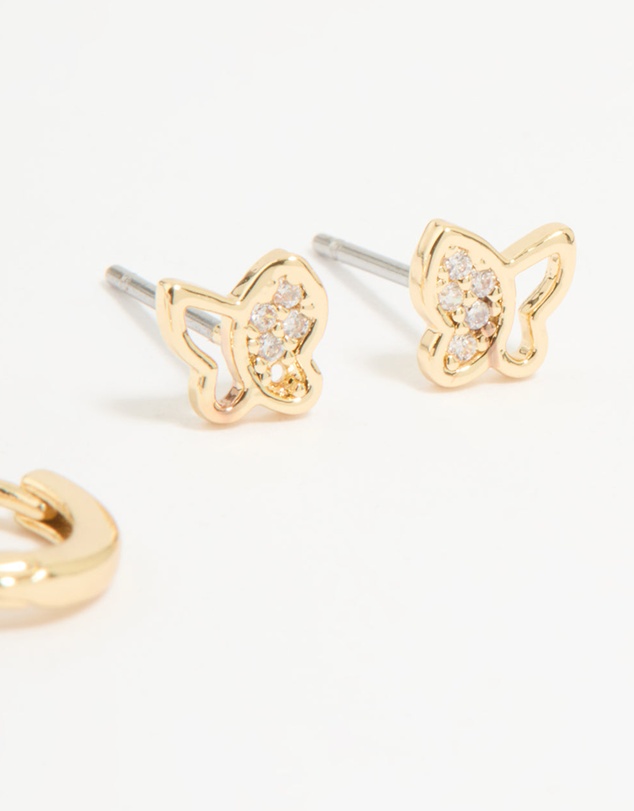 Lovisa - Gold Plated Cubic Zirconia Butterfly Huggie & Stud Earrings 2-Pack