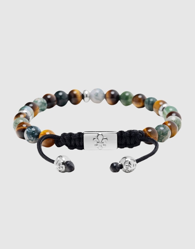 Nialaya Jewellery - Men's Beaded Bracelet with Aquatic Agate, Brown Tiger Eye and Silver