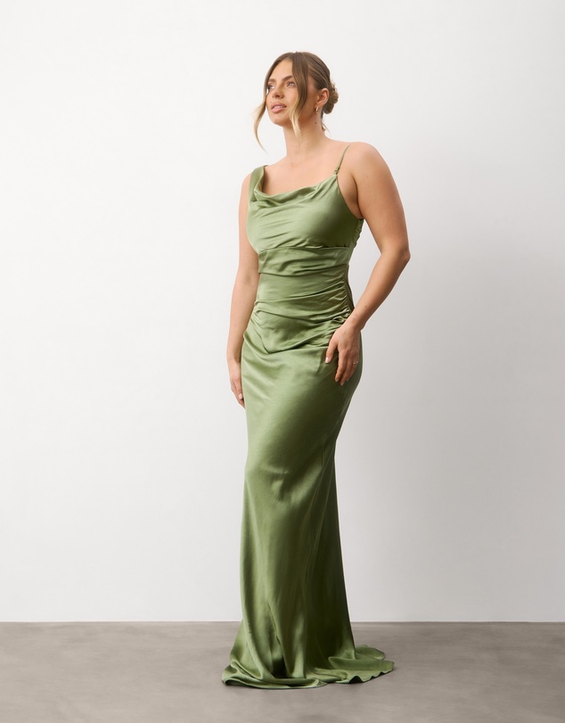 Six Stories - Cowl Front Asymmetrical Satin Bridesmaid Dress