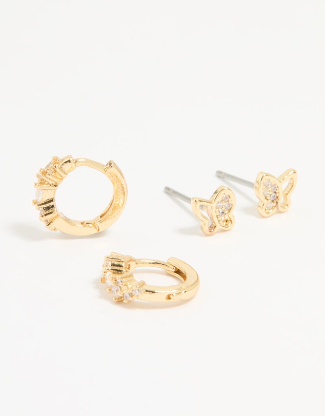 Lovisa - Gold Plated Cubic Zirconia Butterfly Huggie & Stud Earrings 2-Pack