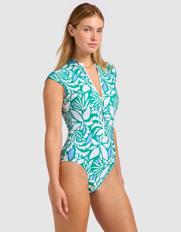 Seafolly - Retro Reef Cap Sleeve Zip Front One Piece Swimsuit